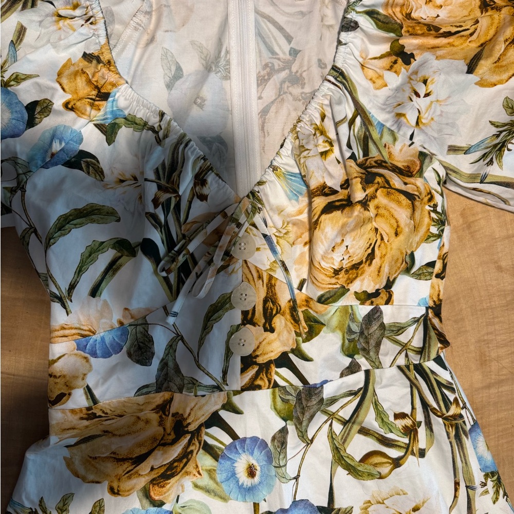 Favorite Daughter Floral V-Neck Mini Dress - White, Yellow & Blue Sz 4 Zip Close - Picture 6 of 6